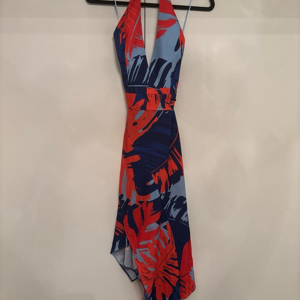 Asymmetrical Tropical Print Dress in Red and Blue